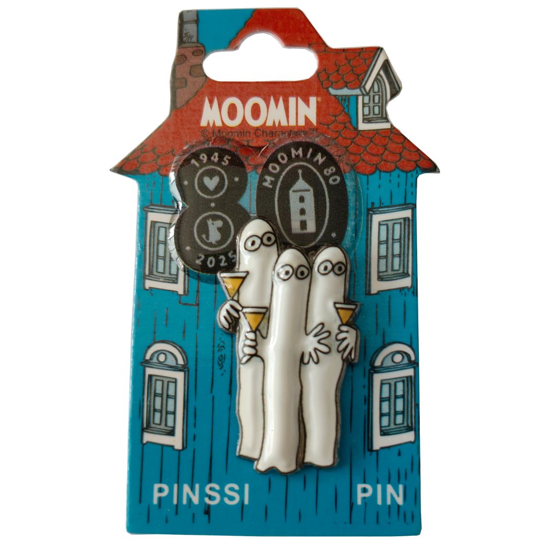Mumin pin med Hattifnattarna i 3D-design, liten metallpin med vita figurer från Mumindalen.