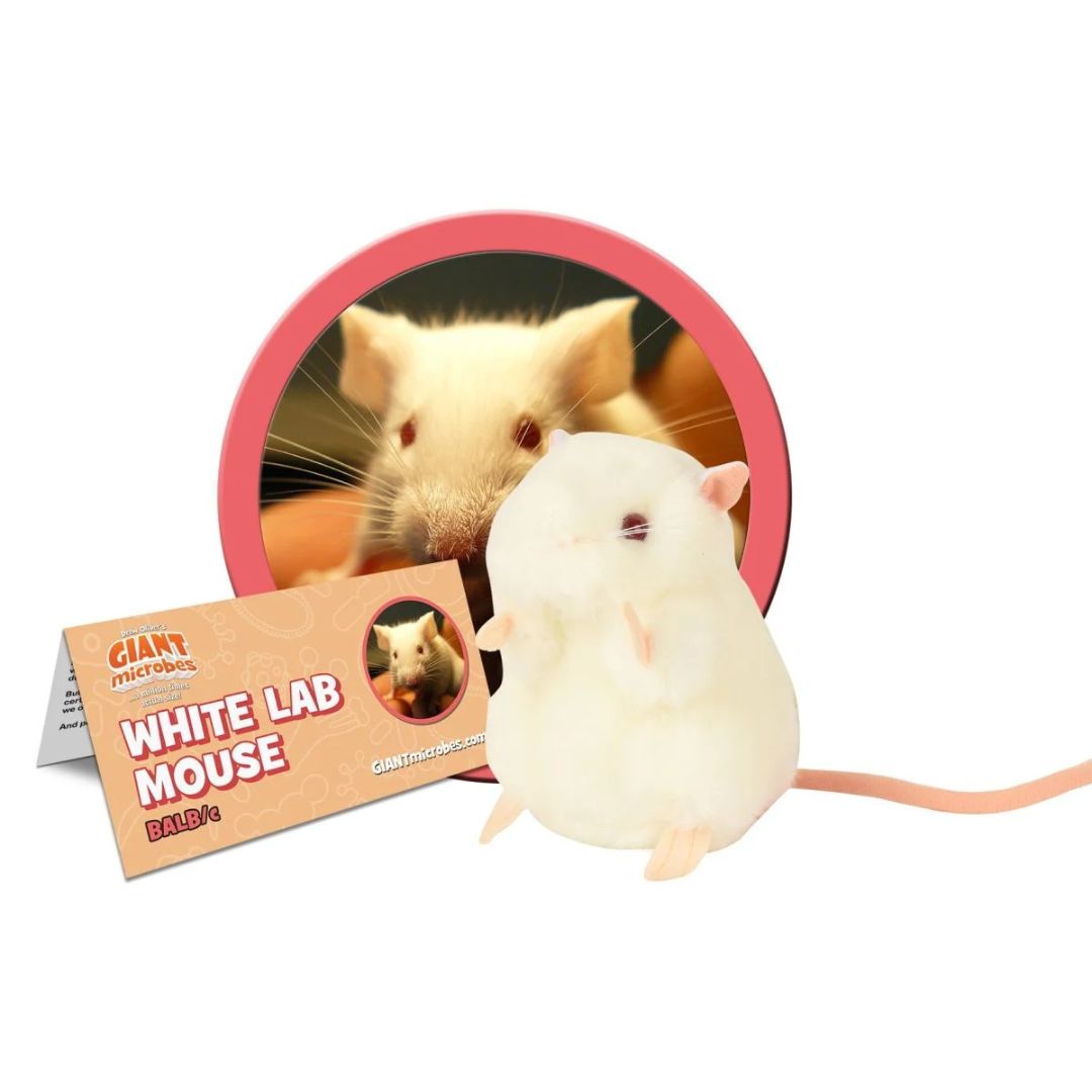 GIANTmicrobes vit labbmus plysch, mjuk och realistisk modell av forskningsmus med pedagogiskt tema.