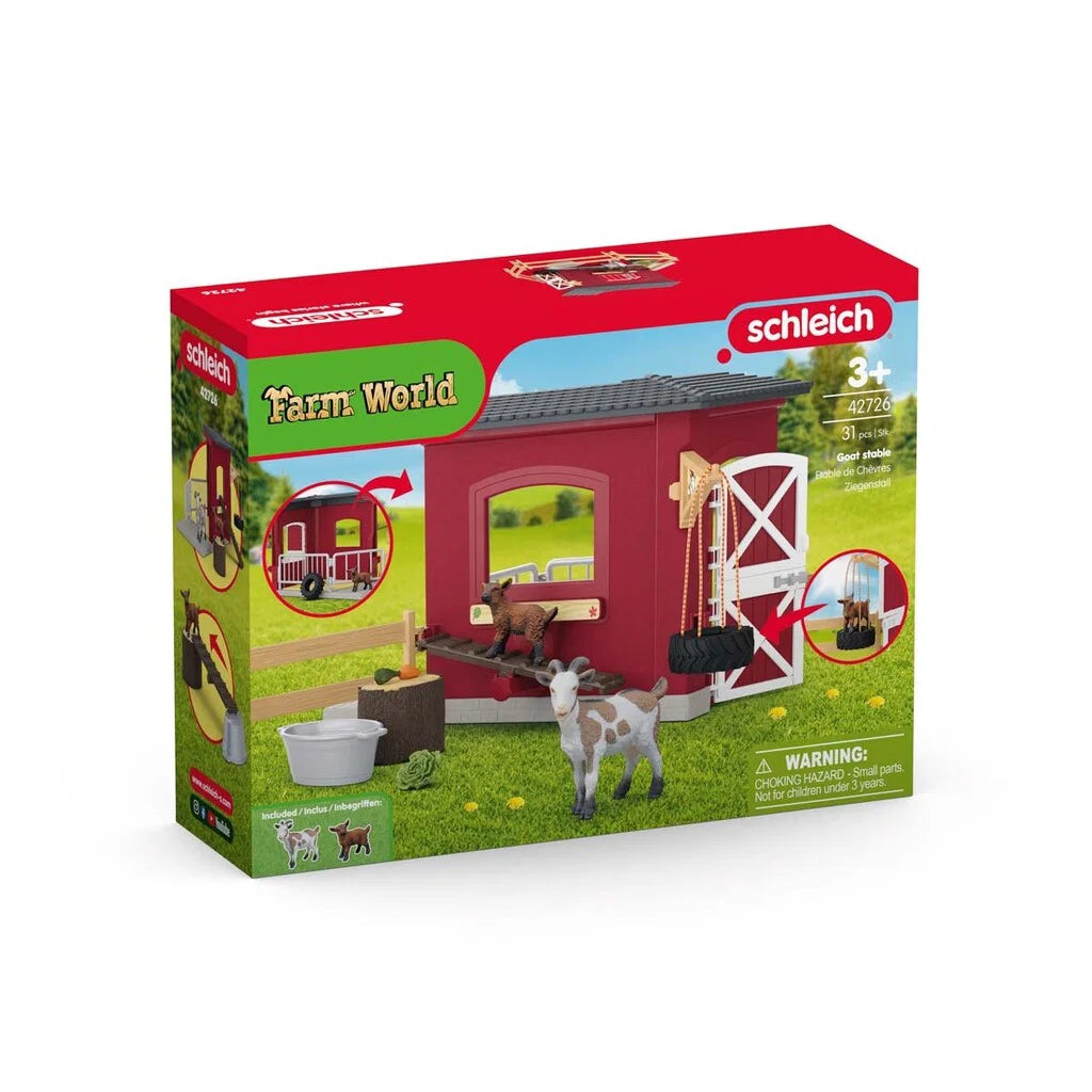 Schleich Getstall med get, killing, rött stall, staket, gungbräda och gårdstillbehör från FARM WORLD.