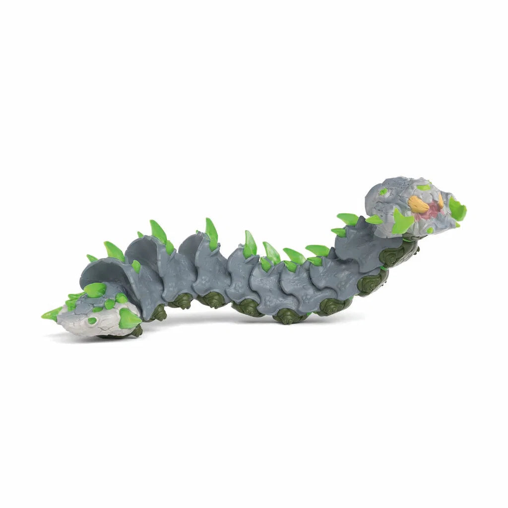 Schleich ELDRADOR CREATURES Stenmask med segmenterad stenliknande kropp, gröna taggar och öppna käkar redo för strid.