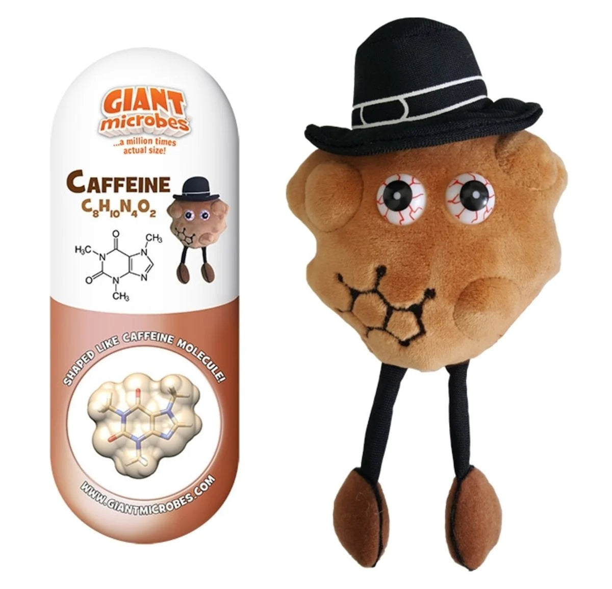 GIANTmicrobes koffein plyschfigur formad som koffeinmolekyl med små kaffebönfötter och nyckelringsclip.