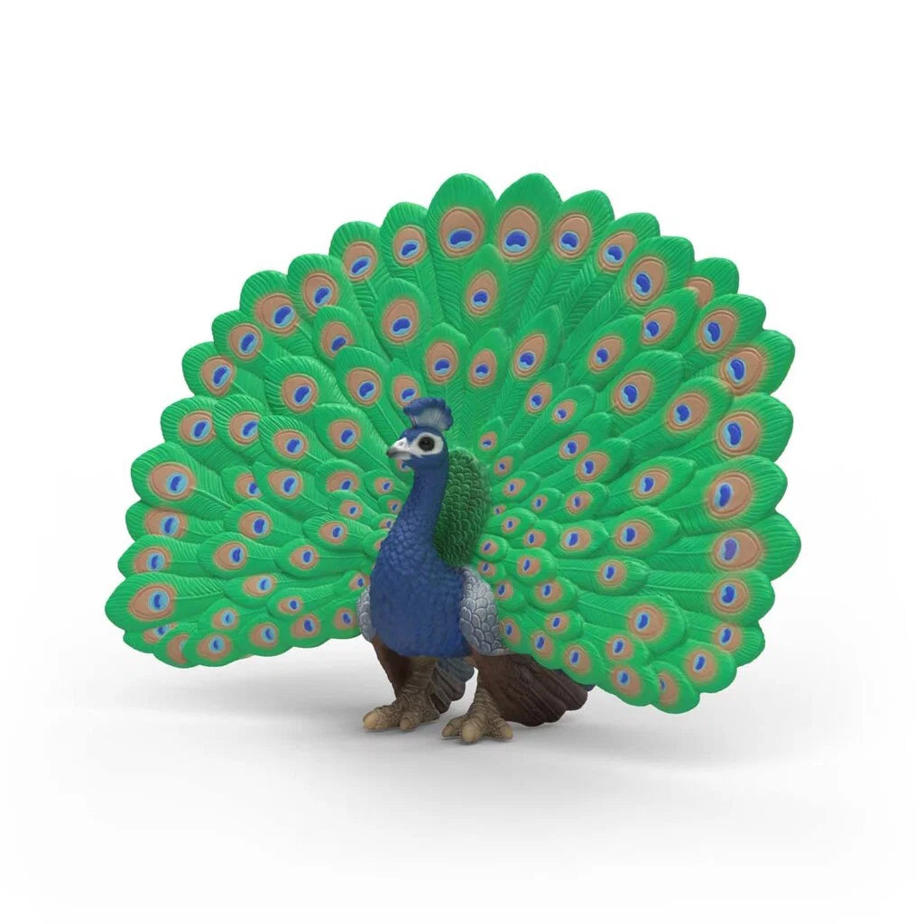 Schleich påfågel figur med blå hals och färgglada stjärtfjädrar, realistisk modell av påfågel på bondgård.