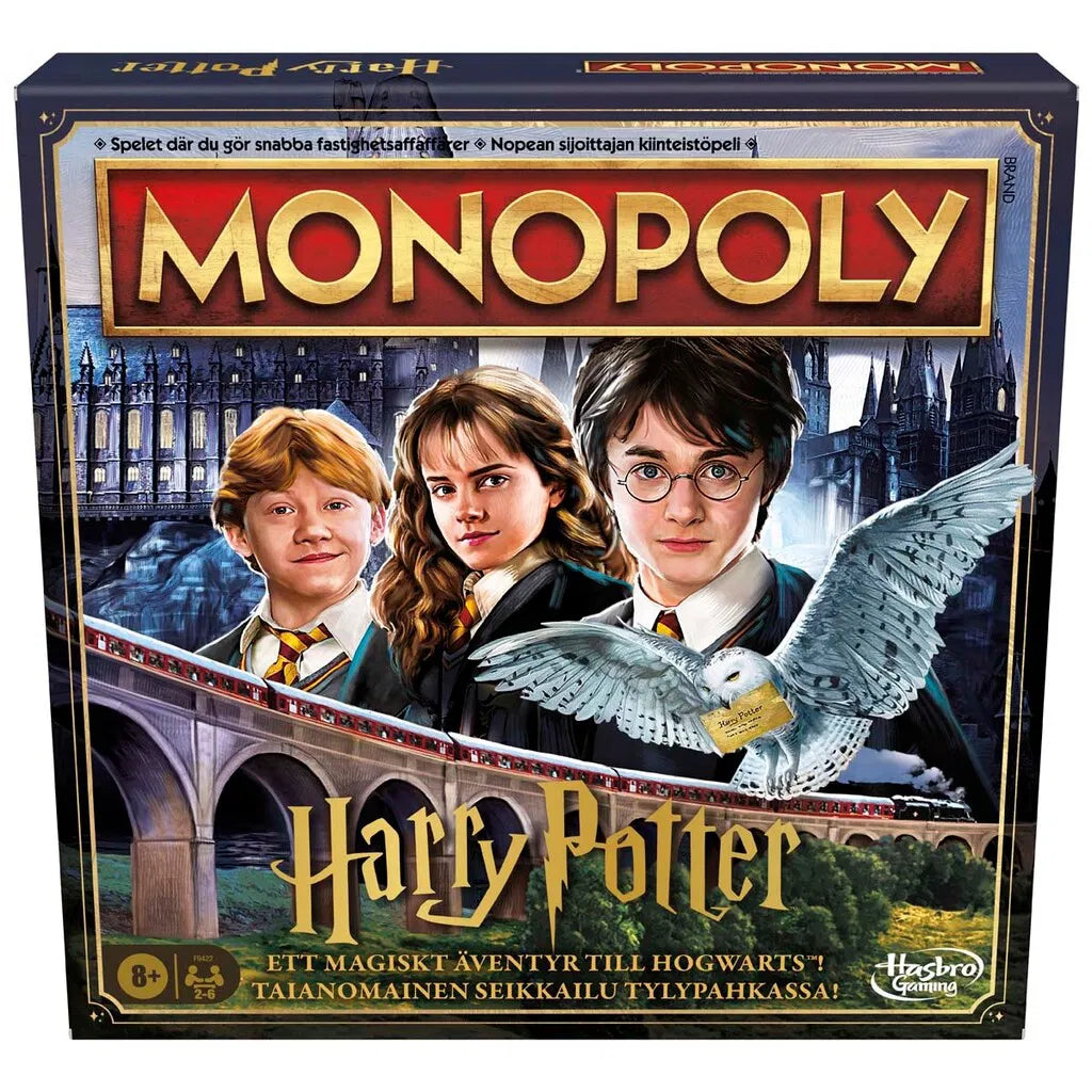 "Monopoly Harry Potter brädspel med Hogwarts-platser, elevhemspoäng och gyllene spelpjäser"