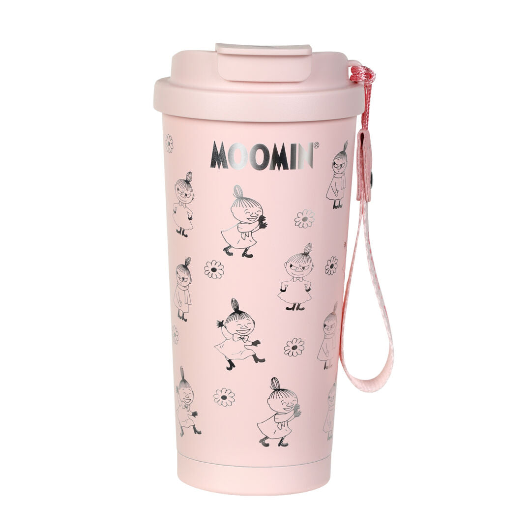 Mumin termosmugg 580 ml i rosa med Lilla My motiv i silver, take away mugg med lock och bärrem.