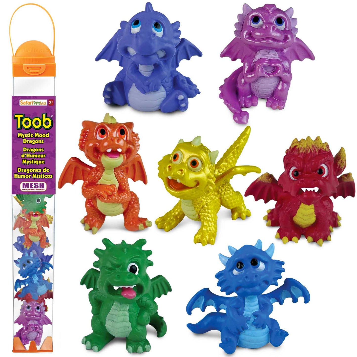 Safari Ltd Mystic Mood Dragons TOOB® med sju handmålade färgglada drakar som symboliserar glädje, kärlek, sorg, ilska, rädsla, avsky och överraskning.