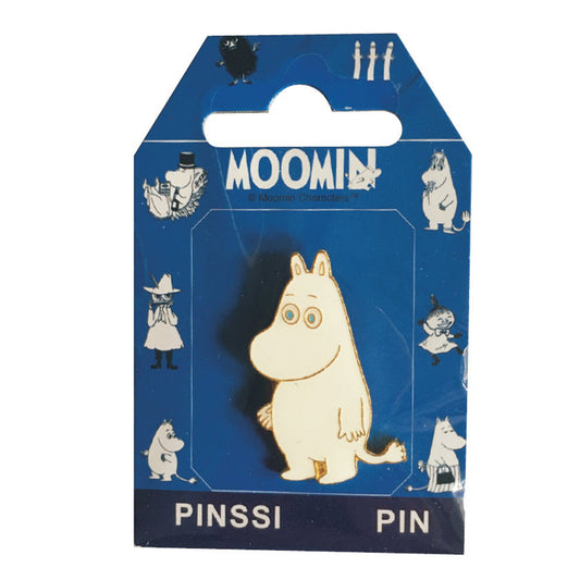 Mumin pin med Mumintrollet i vit design på blå bakgrund, liten metallpin för jacka eller väska.