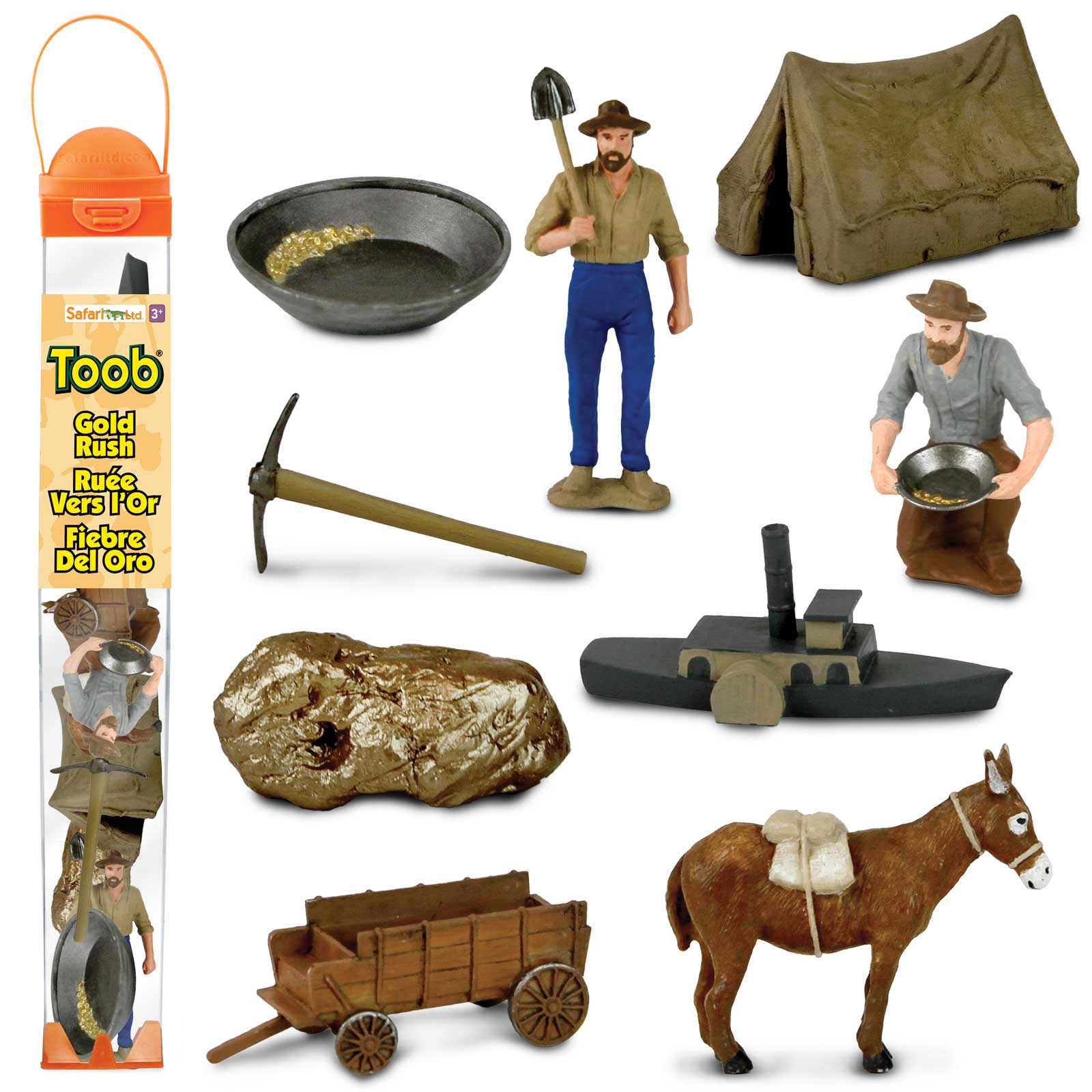 Safari Ltd Guldrush TOOB® med handmålade miniatyrfigurer av guldgrävare, packåsna, tält, vagn, ångbåt och guldklimp.