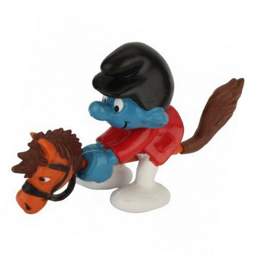 Schleich Super Smurf 40214 på käpphäst i originalförpackning från 1994, handmålad PVC-figur, vintage samlarobjekt.