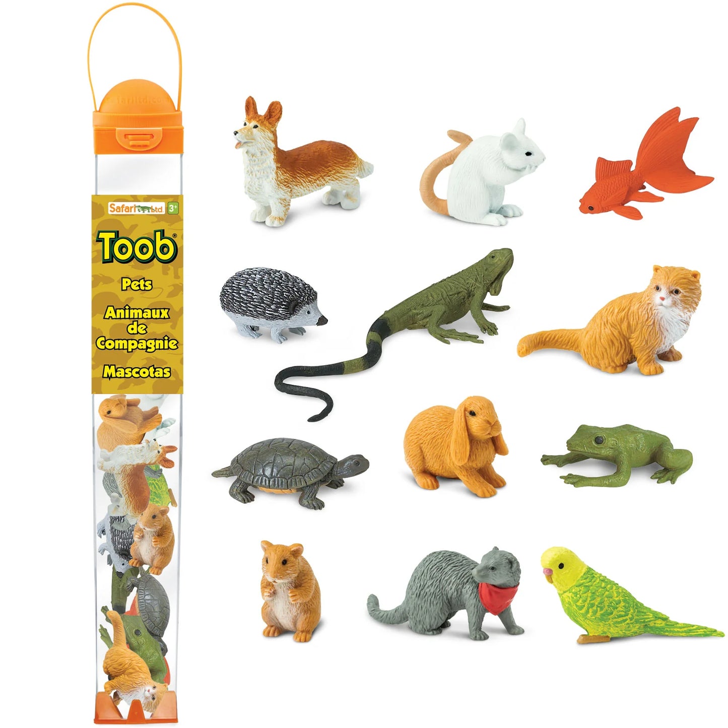 Safari Ltd Husdjur TOOB med 12 handmålade miniatyrfigurer, inklusive katt, corgi, kanin, hamster, undulat, sköldpadda och andra populära husdjur.