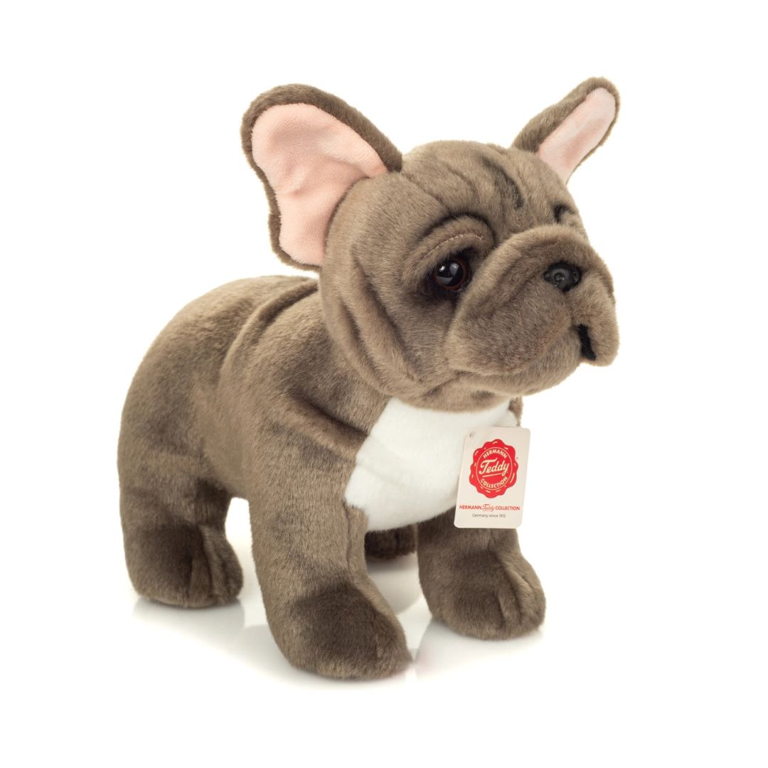 Grå fransk bulldog gosedjur från Hermann Teddy, naturtroget och mjukt designat.